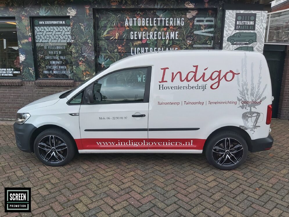 ScreenPromotion Autobelettering Bestelauto Indigo Hoveniersbedrijf