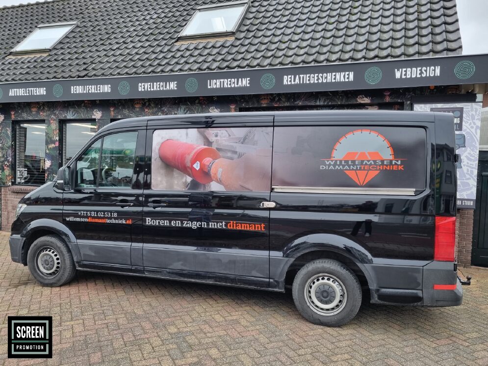 Screen Promotion Autobelettering Bestelwagen Willemsen Diamanttechniek